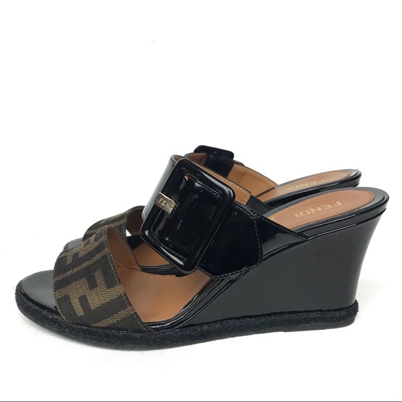 Fendi Vernis Zucca Canvas Patent Leather Wedge 38 - Picture 4 of 8